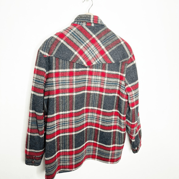 VINTAGE 1960s WOOLRICH MEN'S Plaid Wool Barn Coat Red snap mackinaw medium M - Picture 5 of 5